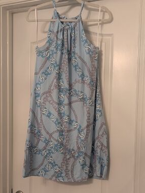 J McLaughlin Light Blue Chain-Print Halter Dress  Catalina Cloth M